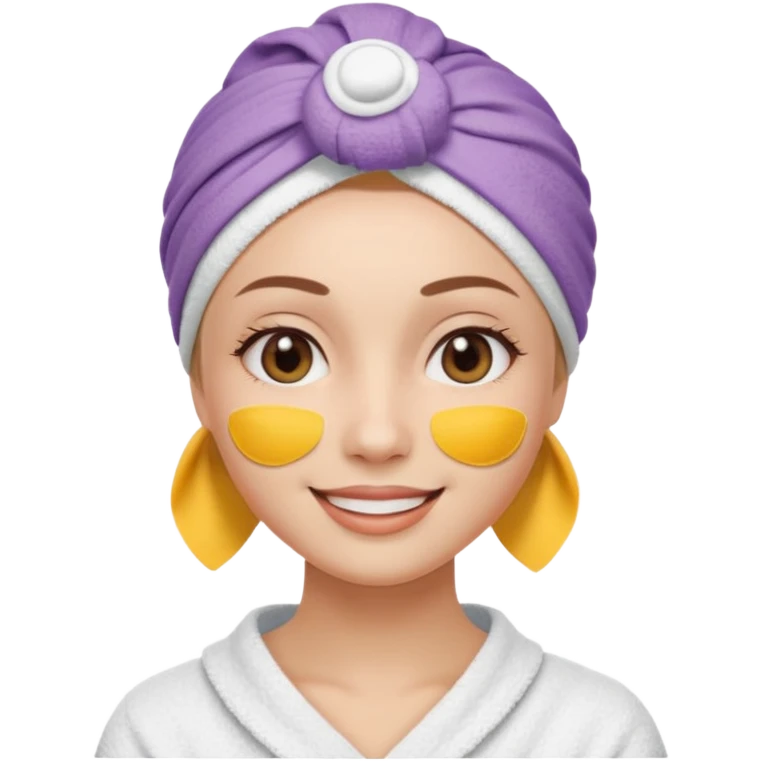 3D emoji style woman with towel head wrap, under-eye patches, smiling softly, clean girl skincare aesthetic, soft studio lighting, smooth skin texture, minimalist beige background, high resolution, PNG emoji