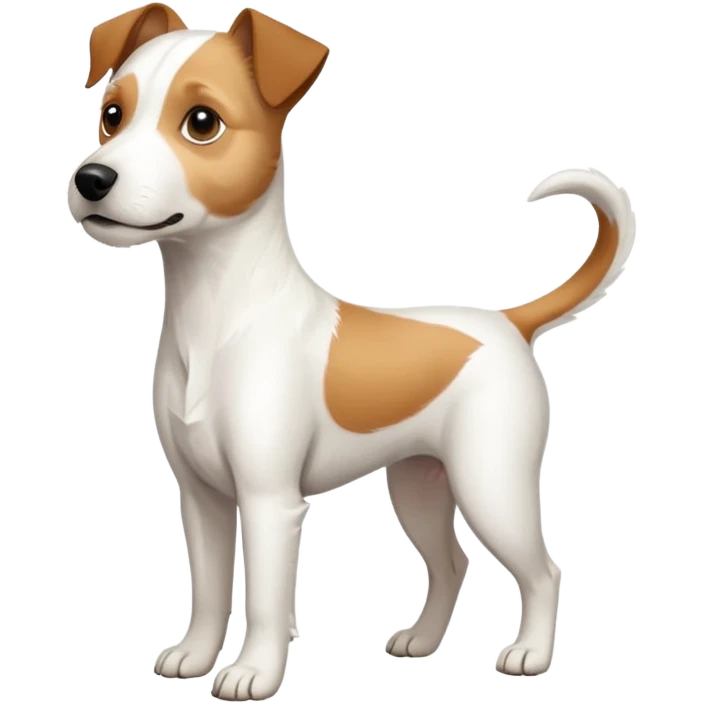 a full body white parson russell looking dog the size of a kelpie with light brown ears and a light brown patch on one eye and a large snout emoji