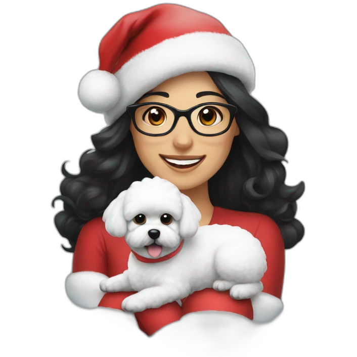 woman-black hair-christmas hat-with glasses-with bichon dog-white-smile emoji