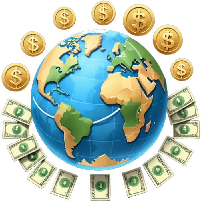 An icon featuring  a dollar sign, and a chart with upward trends, symbolizing economics. The design includes coins, bills, and earth e, representing global trade and financial systems. Transparent background highlights the study of markets, supply, and demand. emoji