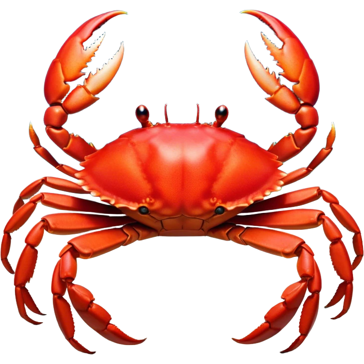 Cinematic Noble Red Crab Portrait Emoji, Poised and commanding, with a sturdy, angular exoskeleton of vivid scarlet red and sharply defined pincers, deep-set, intense eyes on stalks, Simplified yet sharp and sophisticated features, highly detailed, glowing with a soft, oceanic glow, high shine, intelligent and formidable, stylized with an air of coastal authority, focused and alert, soft glowing outline, capturing the essence of a watchful crustacean guardian that appears ready to scuttle out of the screen with determined power! emoji
