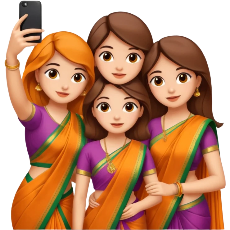 Three girls taking selfie in saree emoji