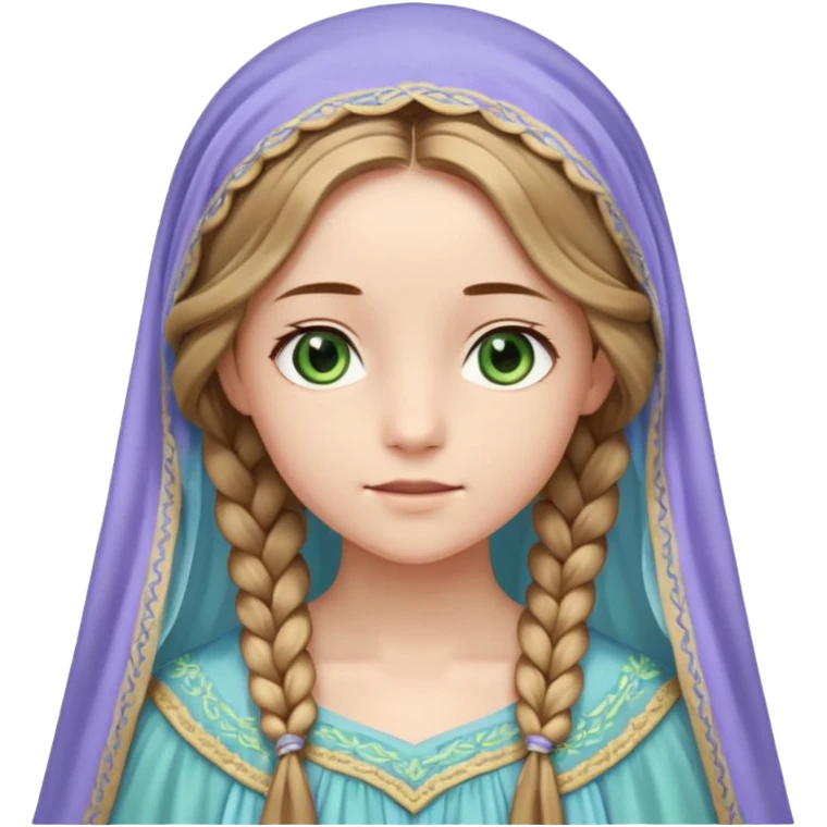 Joven de unos 20 años, de aspecto dulce y elegante.
Piel clara, ojos expresivos (pueden ser azules o verdes)
Rubio o castaño claro, largo, con trenzas o velo.
Vestido largo de tonos suaves (blanco, azul o lavanda), con bordados dorados; un manto o toca fina cubriendo la cabeza. emoji