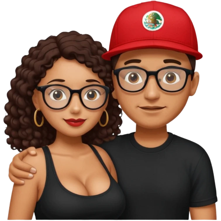 A picture of an embracing tanned couple. the man is a Mexican man with tanned skin, with a bald hair cut wearing a red SnapBack hat and wearing a black shirt. the woman is mixed, with glasses,  with long curly dark brown hair and with big boobs.  emoji