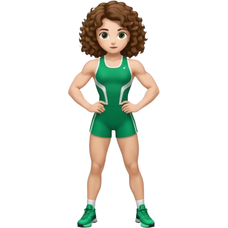 flexing muscles, big biceps, muscled torso, very beautiful italian girl, looking like Emma Watson, with curly and big volume very bright brown hair, dressed in a beautiful green sports costume, full body emoji