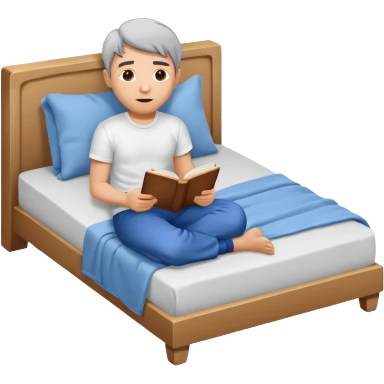 bed with a wrinkled blanket, the pillow out of place on the floor. t-shirt, pants, and an open book on the floor. emoji