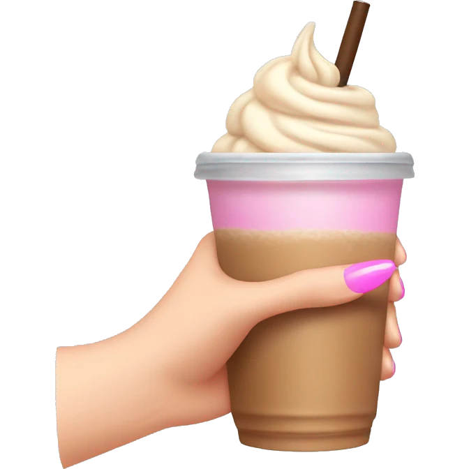 white left female hand with long pink nails clutching iced  coffee emoji