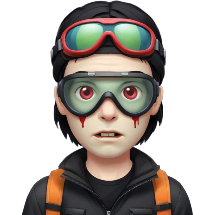 Zombie Emoji AppleIOS Style, lowfade Black Hair, Ski Goggles on right slide of The Head, and Black T-shirt emoji