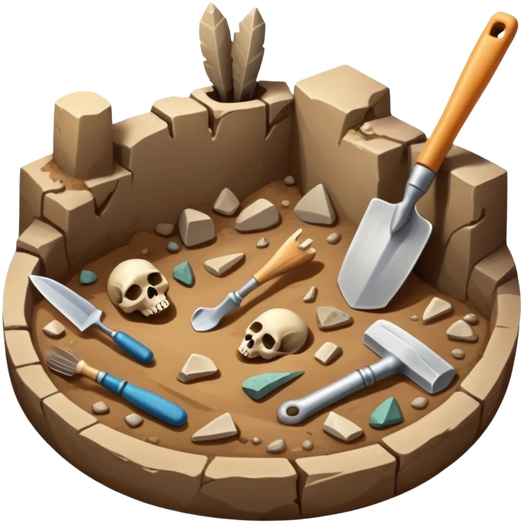 An icon featuring an excavation site with a trowel and ancient artifacts, like pottery and bones, scattered around. The design includes a partially uncovered fossil and a digging brush, symbolizing the discovery of history through archaeology. Transparent background  emoji