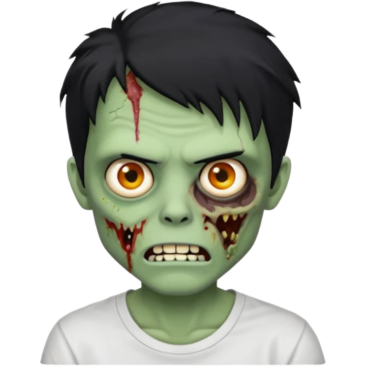 Rosto de frente classico de zombie boca meio torta cabelos medios grandes pretos bagunçados low fade com pele verde clara camiseta branca emoji