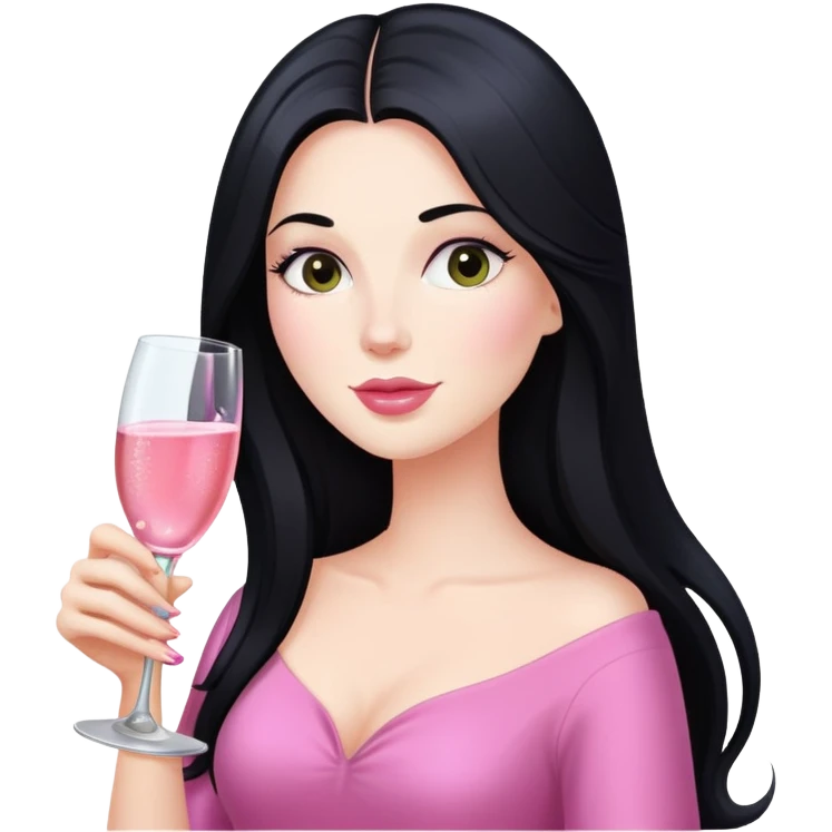 Pretty white lady with long black hair drinking pink champagne emoji