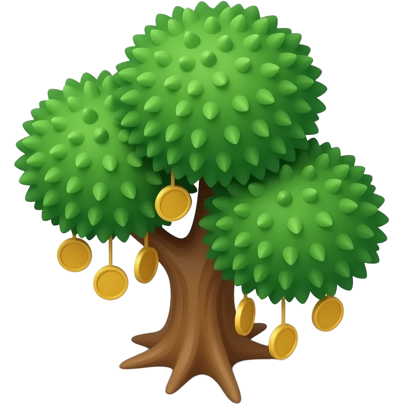 Minimalist 3D icon, lush green tree with elegant thin golden coins hanging from branches, soft matte finish, Apple emoji style, clean shapes, isometric view, white background, professional studio lighting, high resolution, simple elegant design. emoji
