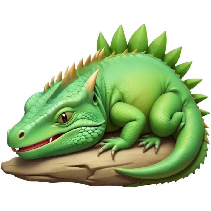 Meme-Worthy Cute Sleeping Iguana Portrait Emoji, Head resting peacefully with a contented smile, showcasing a solid, textured body with a subdued spiky crest and eyes gently closed in serene slumber, Simplified yet adorably endearing features, highly detailed, glowing with a soft, drowsy jungle light, high shine, relaxed and utterly lovable, stylized with an air of playful laziness, soft glowing outline, capturing the essence of a sleeping iguana that feels destined to become the next viral icon of adorable rest! emoji