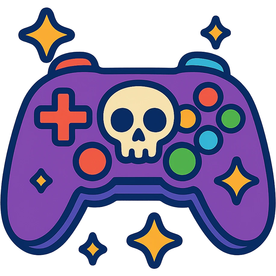 a game controller with a skull motif, rainbow buttons, and sparkles, vibrant toon style, for an inclusive gaming group emoji