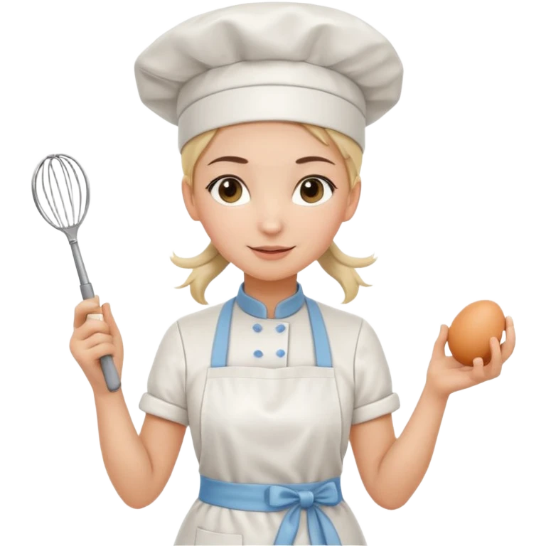 Young female pastry chef - ponytail, apron, wearing a white hat, holding an egg beater in her right hand, and naturally hanging her left hand to her side emoji