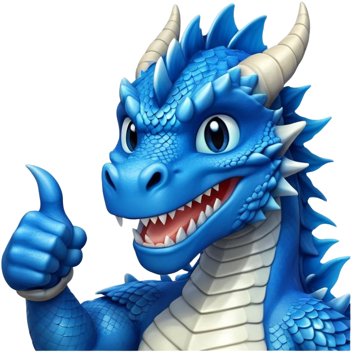 Humanoid blue dragon, smiling with a thumbs up emoji