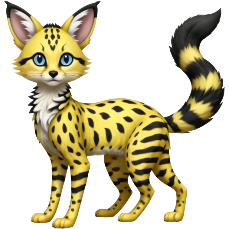 beautiful elegant spotted hype-realistic, black-maned, vibrant yellow Genet-Serval-Sergal-Margay-Fox-fusion-hybrid-furry-fursona, full body, with a long puffy fluffy black-and-white-striped tail, black long big ears, with natural blue eyes emoji