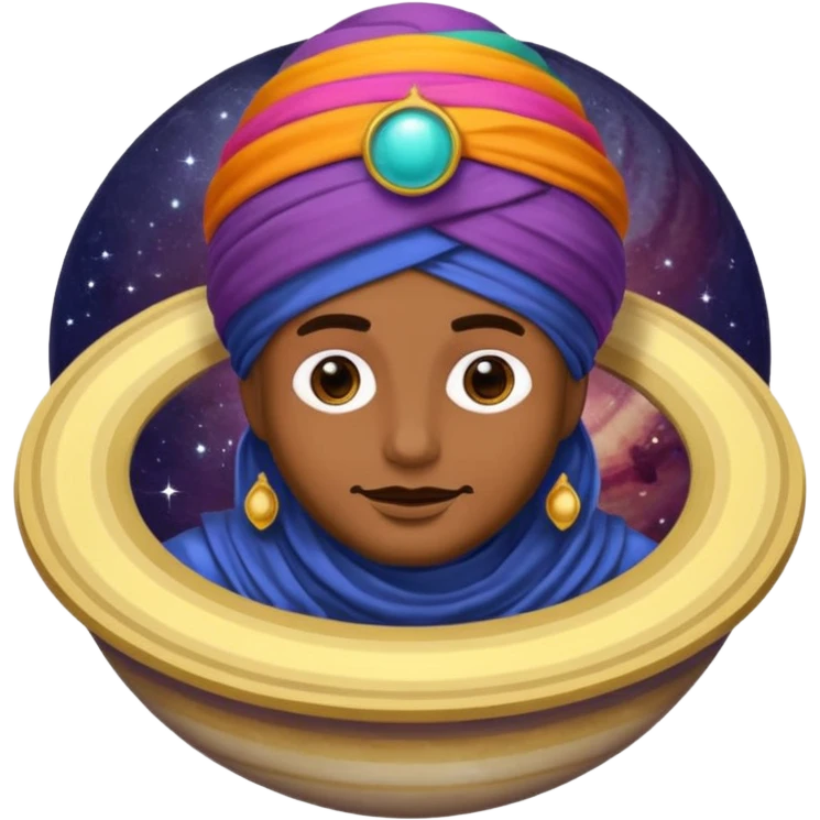 A bold emoji-style illustration with Saturn 🪐 as the dominant element, clearly showing its bright rings. Inside the planet, a stylized man wearing a colorful turban 👳🏾‍♂️, depicted as a mystical or adventurous character, sitting or floating within Saturn, integrated with the planet’s texture. . emoji