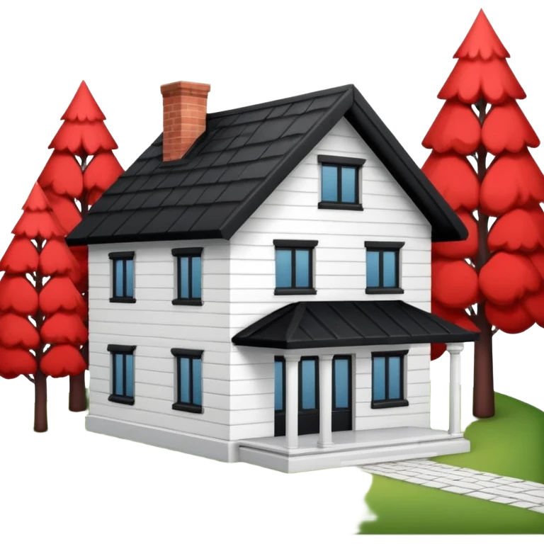 Dom z czarnym dachem i biała elewacja ze wstawkami z czerwonej cegły.Na drugim planie las. emoji