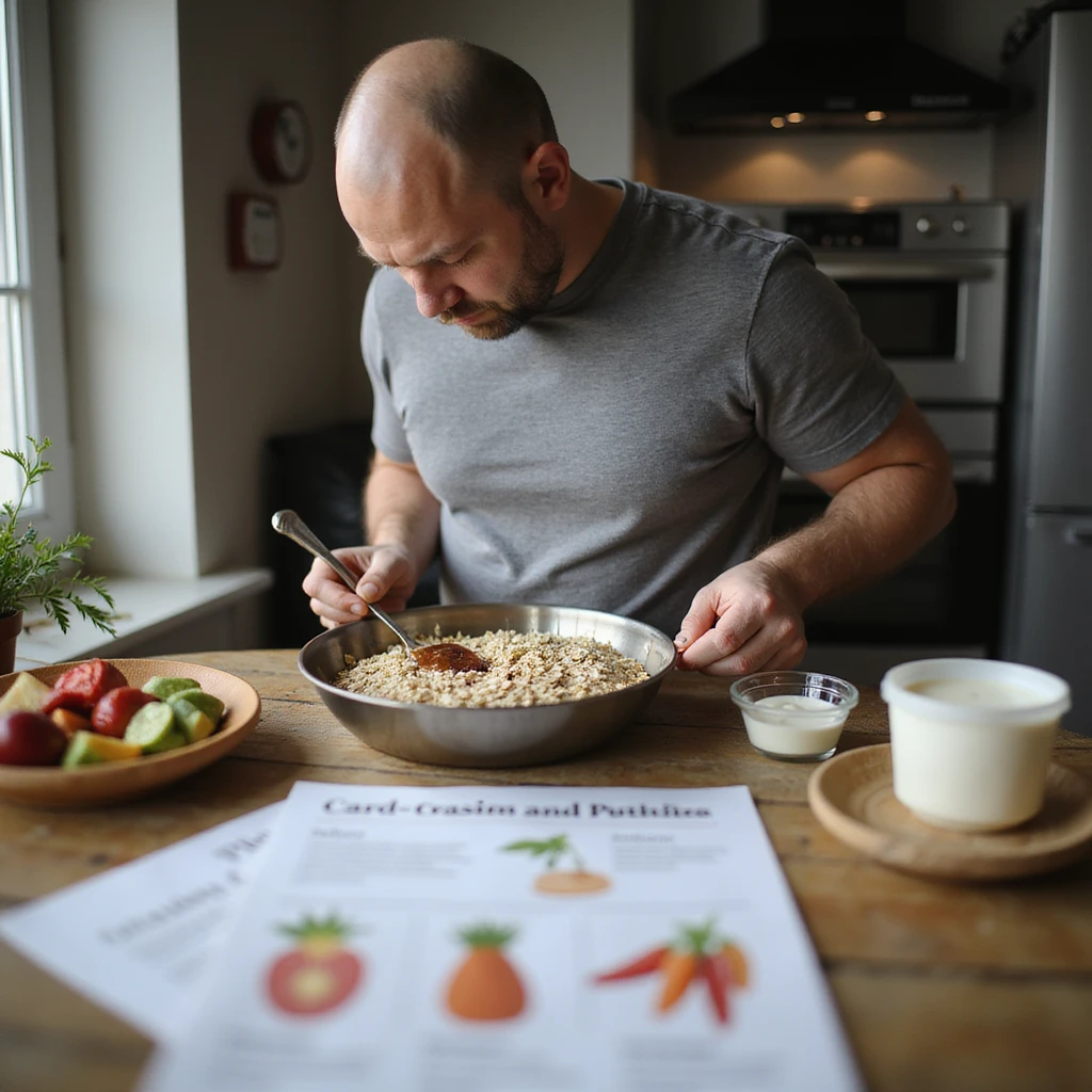 realistic image of a man preparing breakfast following a nutritional plan for cardiovascular health, ingredients like oats, fresh fruit and yogurt on the table, colorful and illustrated nutritional plan, cozy home environment emoji