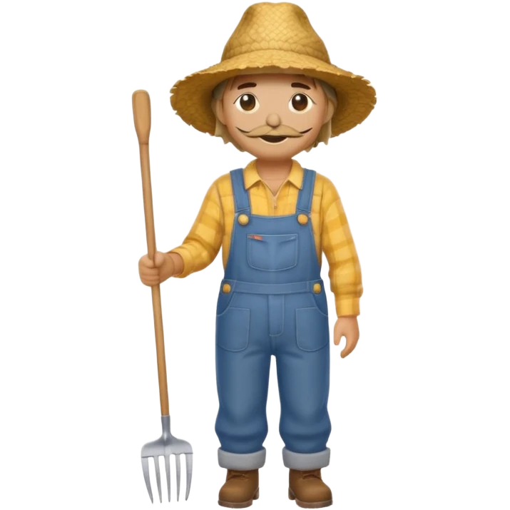 Scarecrow, Dressed like a farmer with overalls, straw hat, and a rake tucked in one arm, body on stick emoji
