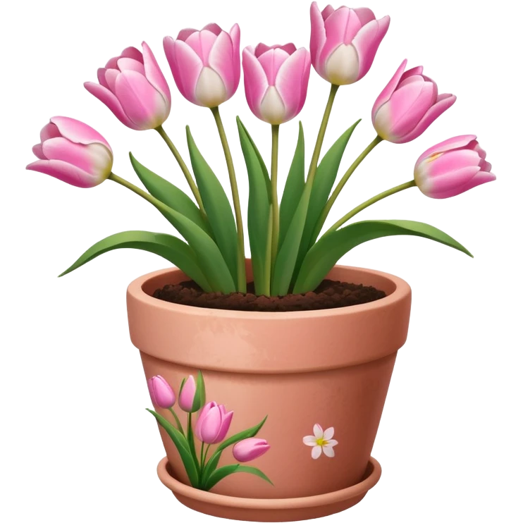 pink tulips in a plant pot in terra cota with white and pink flowers hand painted on the pot  emoji