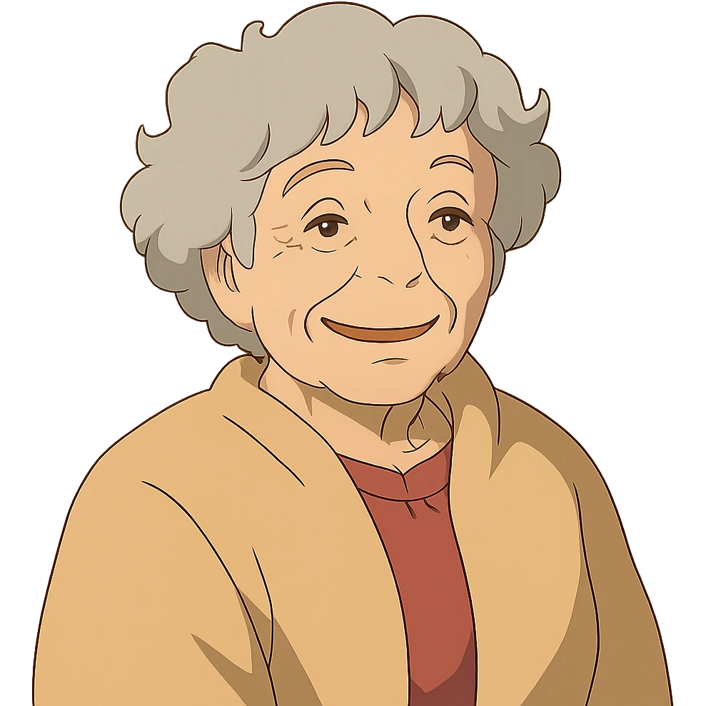 ghibli style older lady with silver curly hair smiling emoji