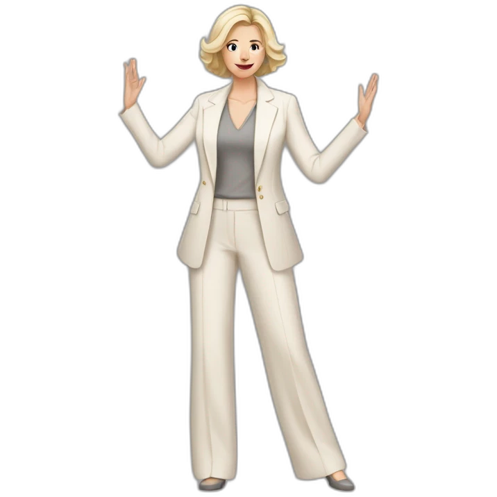 Full height Actively gesturing with hands pale skin woman with ash blonde Straightened bob Hair, White Spacious classical jacket, beige palazzo Arrow pants and gray blouse emoji
