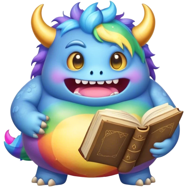 Kawaii derpy fat rainbow monster with magic spell book, rich textures, visually rich, so lifelike that it feels like it could leap off the page at any moment emoji