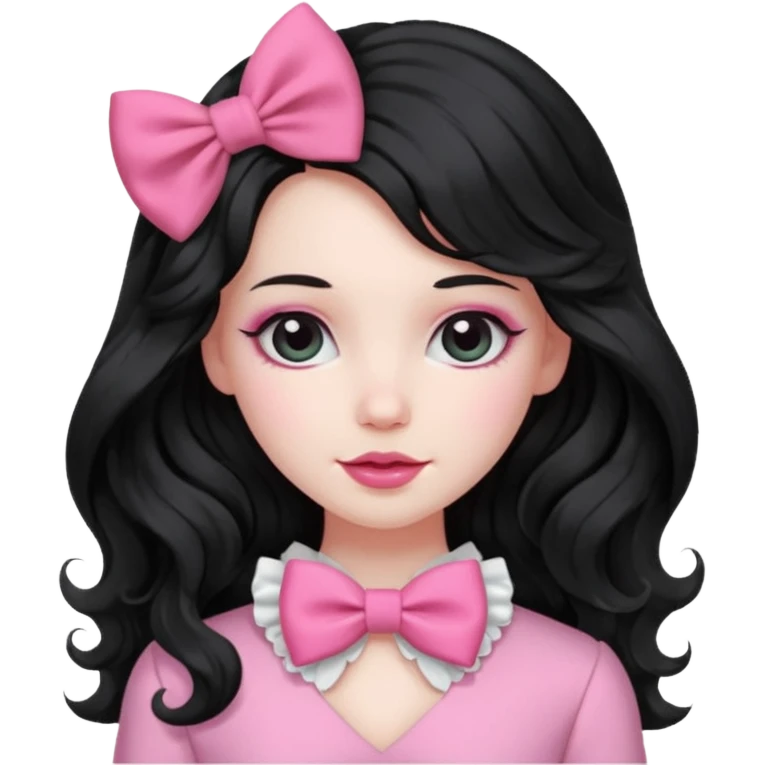 black hair with wavy long hair and pink clothes coquette vibes, a bow emoji