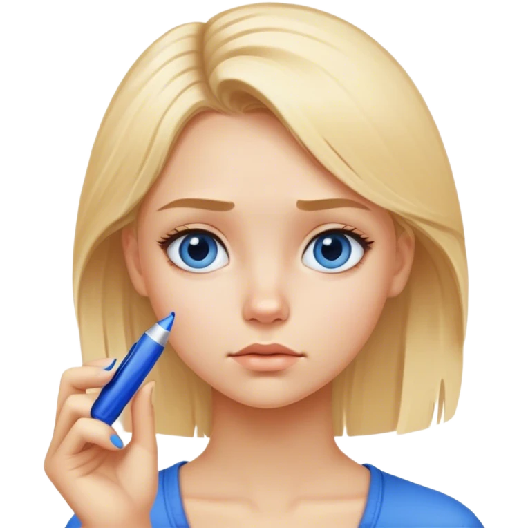 Blond girl with a blue marker in hand with Pensive facial expression emoji