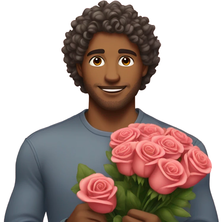 Handsome man with curly hair with a bouquet of roses emoji