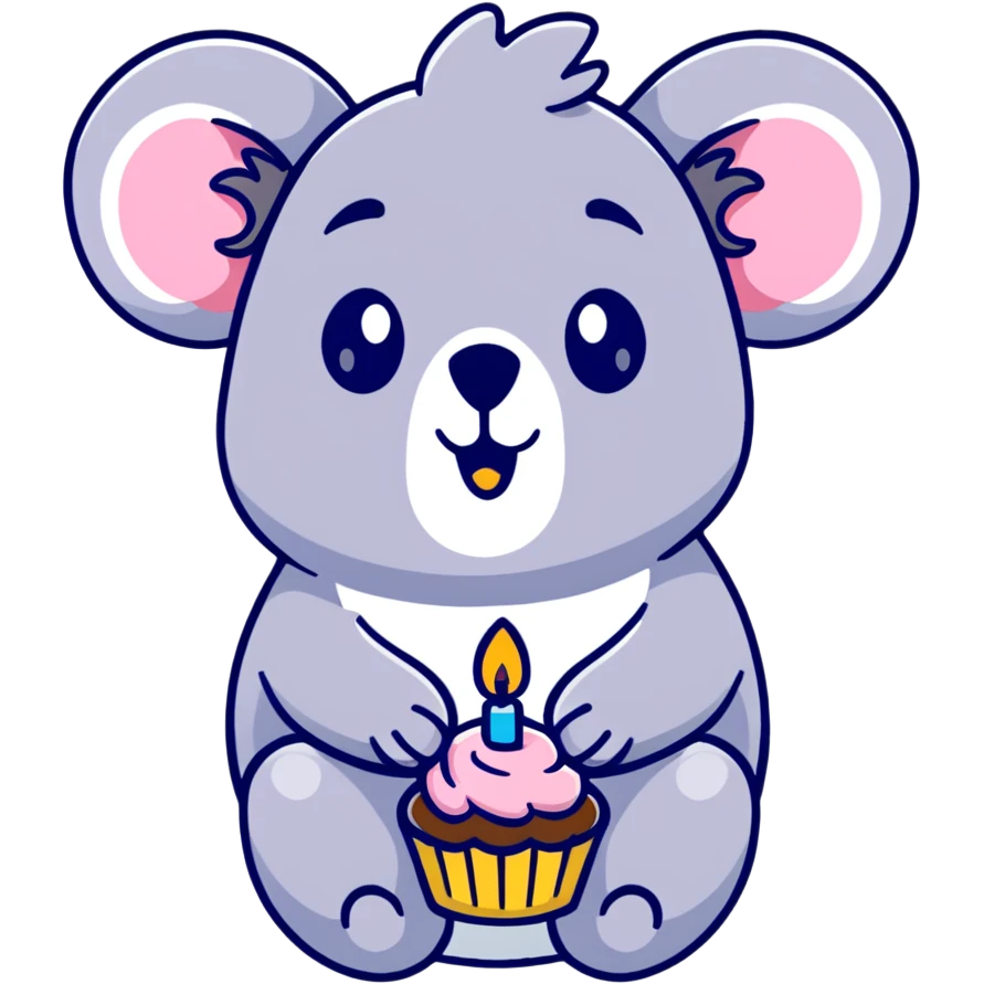 happy koala holding cupcake with 1 star candle emoji