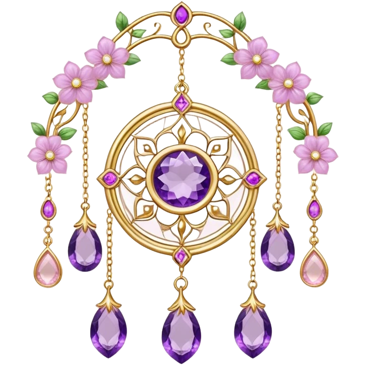 Epic beautiful gorgeous cute gold suncatcher, threads with shiny sparkly amethyst and rose-quartz gemstones, flowers,  emoji