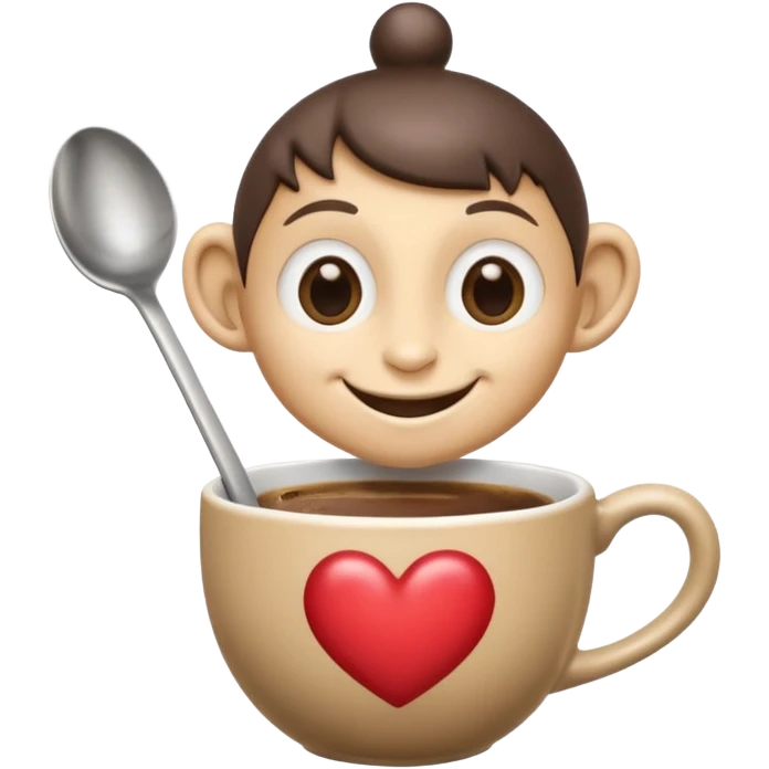 Ink wash style, coffee cup creature, big heart eyes, dopey smile emoji