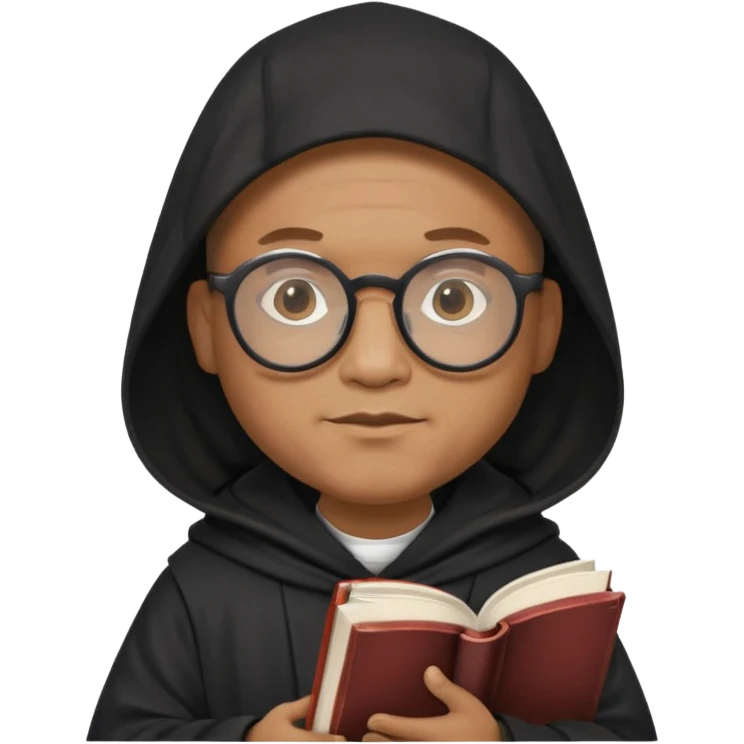 Monk priest prayer black habit with hood round black glasses done light brown wavy hair under hood remove the medallion smaller more round glassed age 46 no necklace more oval face hand holding book that says RB 480 emoji