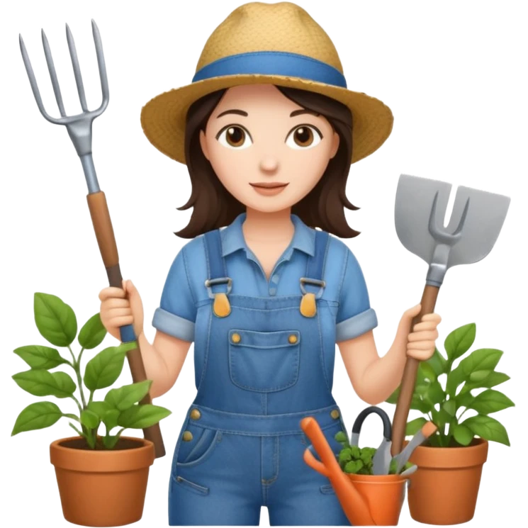 Brunette female gardener wearing overalls holding tools emoji