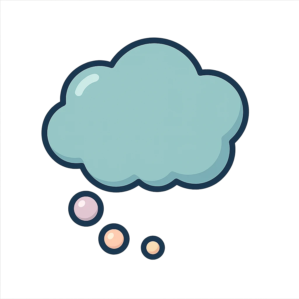 thought bubble with several small bubbles, icon-color-outlined style, well detailed, detailed shadows and highlights, thin clean contours, soft rounded shapes, pastel palette #98B5BC, #B5B3C1, #C9A3C9, #E4C0CA, #F7DCD1, #F7C0AA, modern Japanese pop art and sticker aesthetics, soft lighting, transparent background emoji