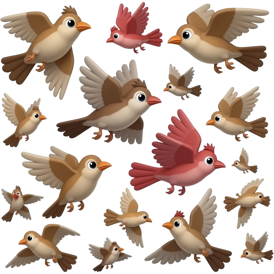A 3D render iPhone emoji icon of a detailed Brown and red color 3D Render iPhone emojis of a flock of brown and red color songbirds flying in the air emoji
