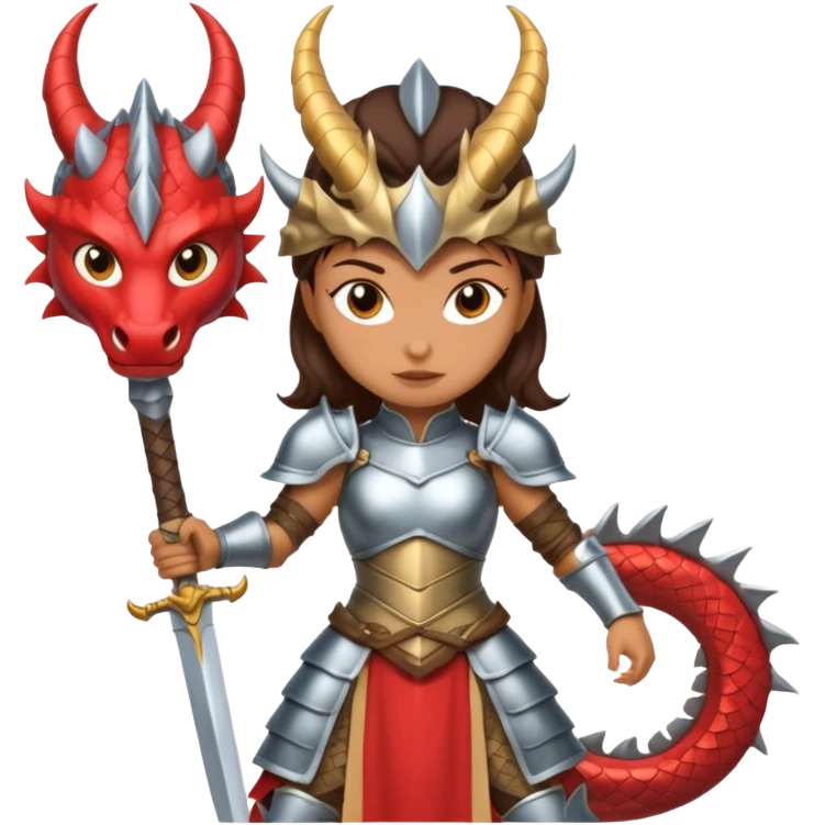 Fierce Latina in armor with a sword cutting off the head of a dragon emoji