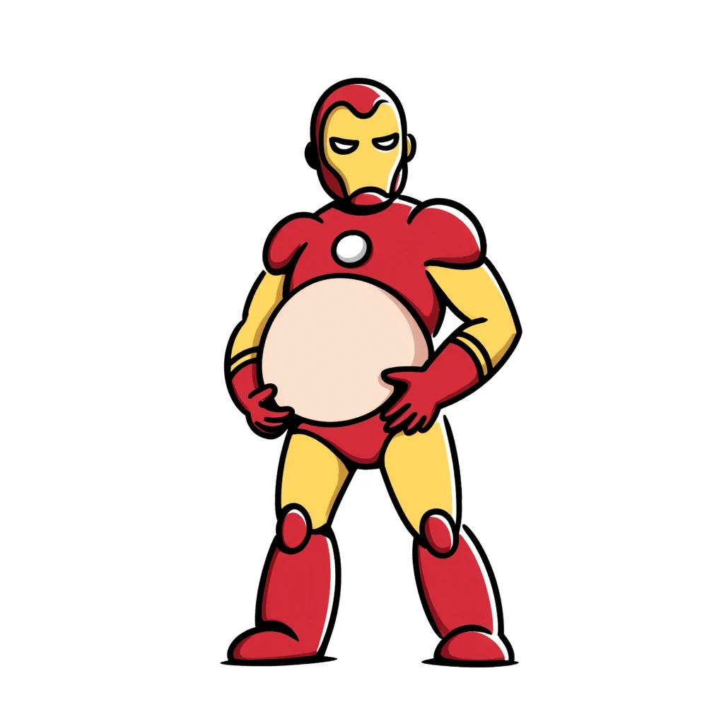 Iron Man superhero with a pregnant belly, iconic red and gold armor suit, arc reactor glowing in chest emoji