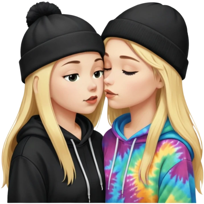 Short brunette haired white girl in a hoodie and a black beanie kissing a tall long blonde haired girl wearing a black beanie and a tiedye hoodie emoji