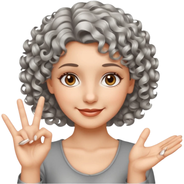 silver, short, wavy-haired with curls, smiling pretty lady, index and middle fingers crossed on one hand, hazel eyes emoji