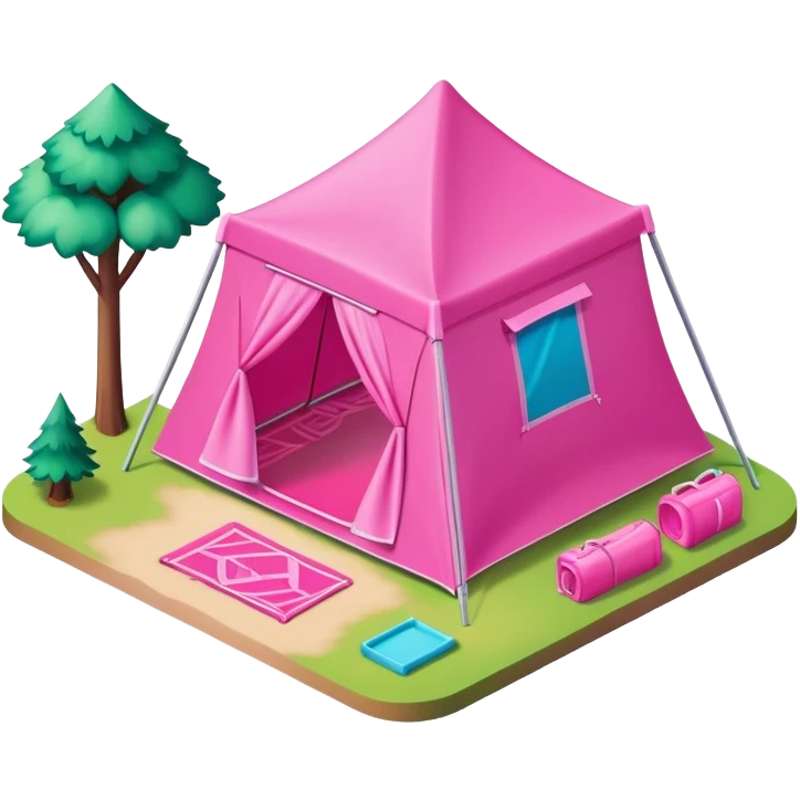 Isometric exterior view of hot pink Barbie campsite emoji