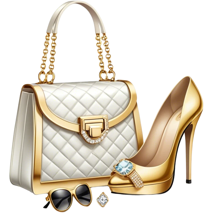 A photorealistic icon featuring luxurious fashion accessories like a high-end handbag, elegant high heels, a sparkling diamond necklace and a stylish pair of sunglasses. The design includes gold accents, purfume, and glamorous textures, fashion, and VIP luxury. Transparent background emoji