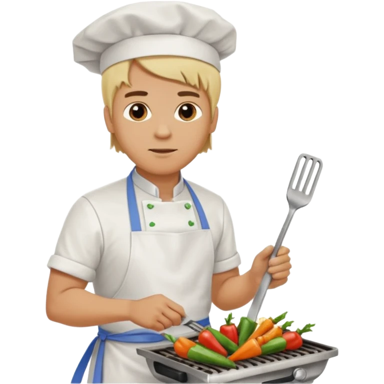 man with tied blond hair and and a white apron grilling vegetables on a sizzling grill emoji