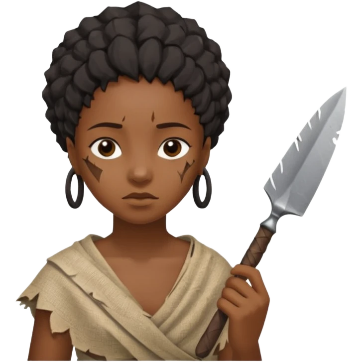 ancient black girl, tattered leaf cloth, hold broken stone knife emoji
