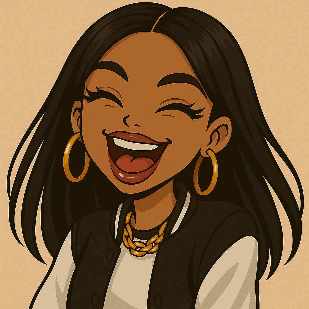 Headshot of a 20-year-old anime Bratz style woman with dark skin, straight hair, laughing uncontrollably, big expressive eyes, glossy lips, trendy streetwear, no hat, no tears. emoji