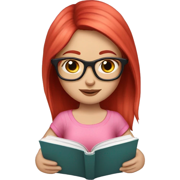 Pale girl with red hair and glasses reading a book she’s got a cute pink outfit on emoji