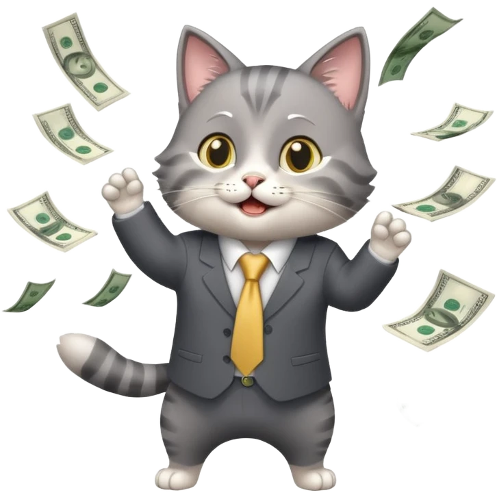 A business cat with money flying around, looking excited emoji